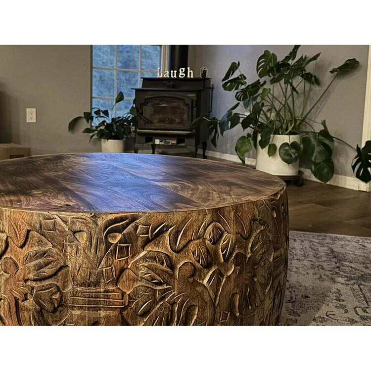 The Urban Port Rea 34 Inch Handcrafted Mango Wood Coffee Table, Round Drum Shape, Carved Damask Pattern, Walnut Brown - Image 2